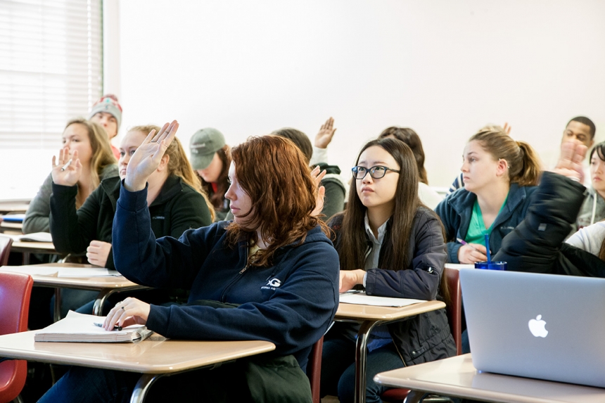 Students in a Sociology classroom raise their hands